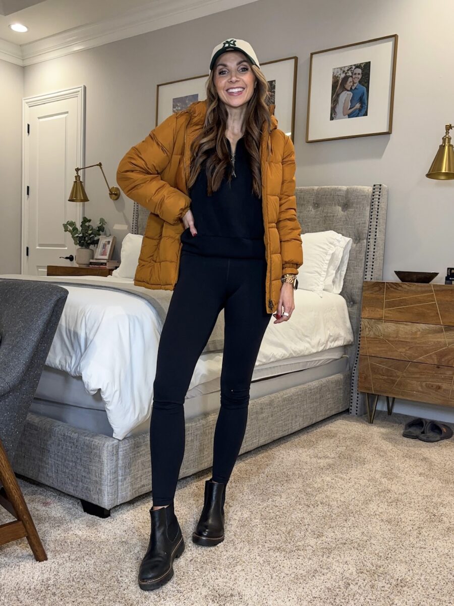 OUtfits with air essentials separates - Spanx half zip pullover, black leggings, amazon puffer coat, aritzia baseball cap, chelsea boots