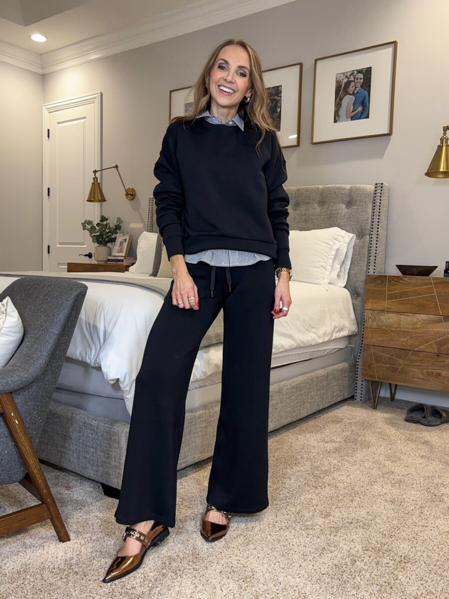 Outfits with spanx air essentials separates - spanx air essentials wide leg pants, spanx crew neck, j crew factory button down