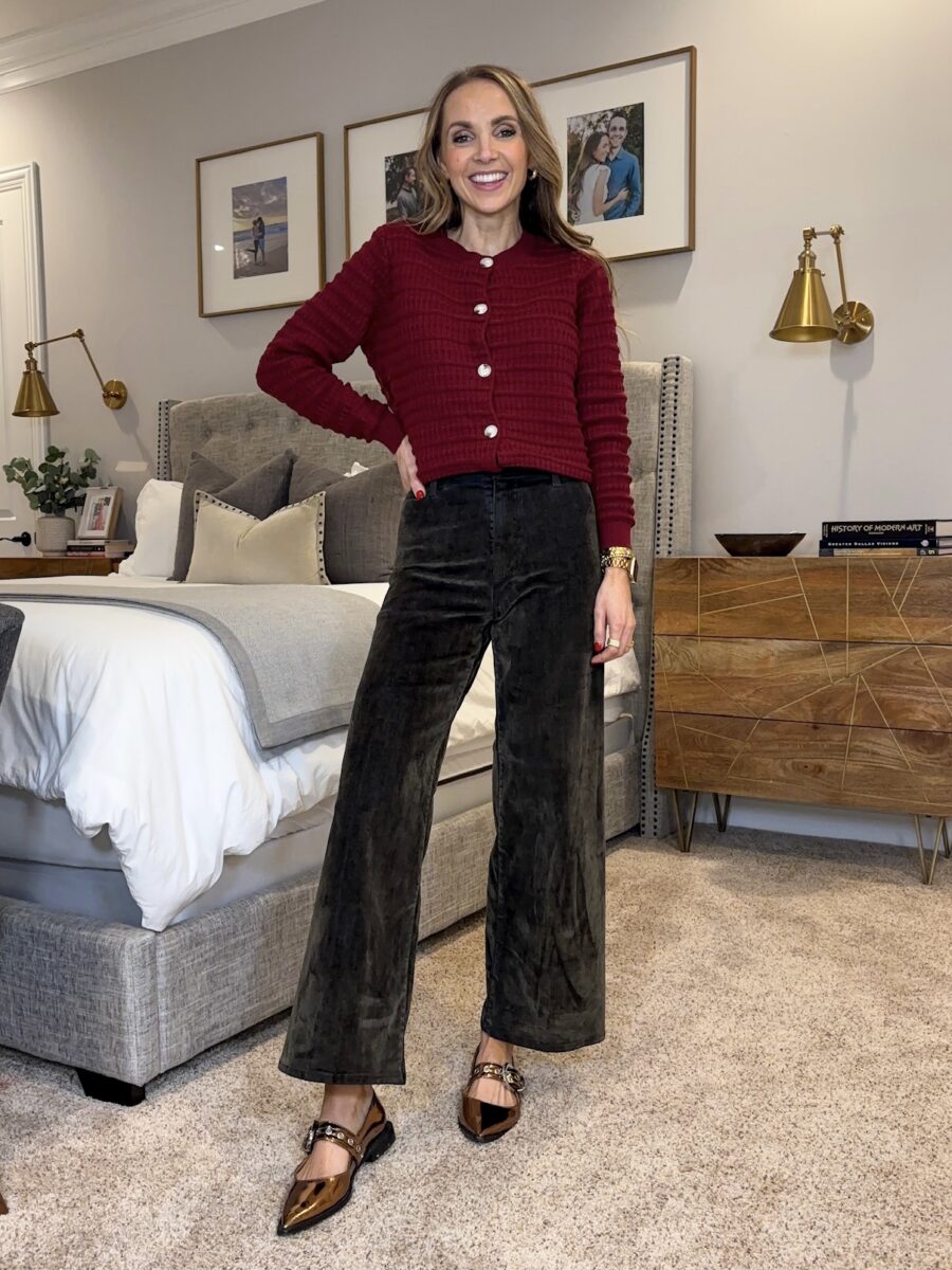 How to style Target green velvet pants - Amazon burgundy cardigan, target green velvet wide leg pants, anthro copper buckle flats