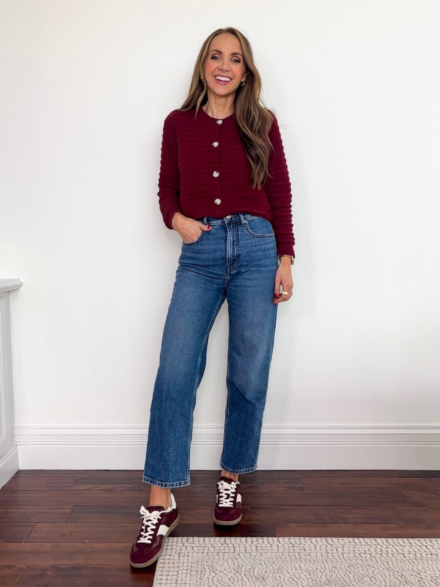 What to wear with burgundy - Amazon burgundy cardigan, everlane way high jeans, target sneakers