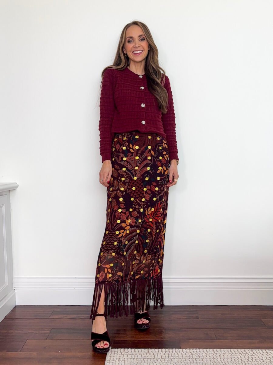 What to wear with the color burgundy - Amazon burgundy cardigan, burgundy farm rio floral skirt, velvet open toe sandals