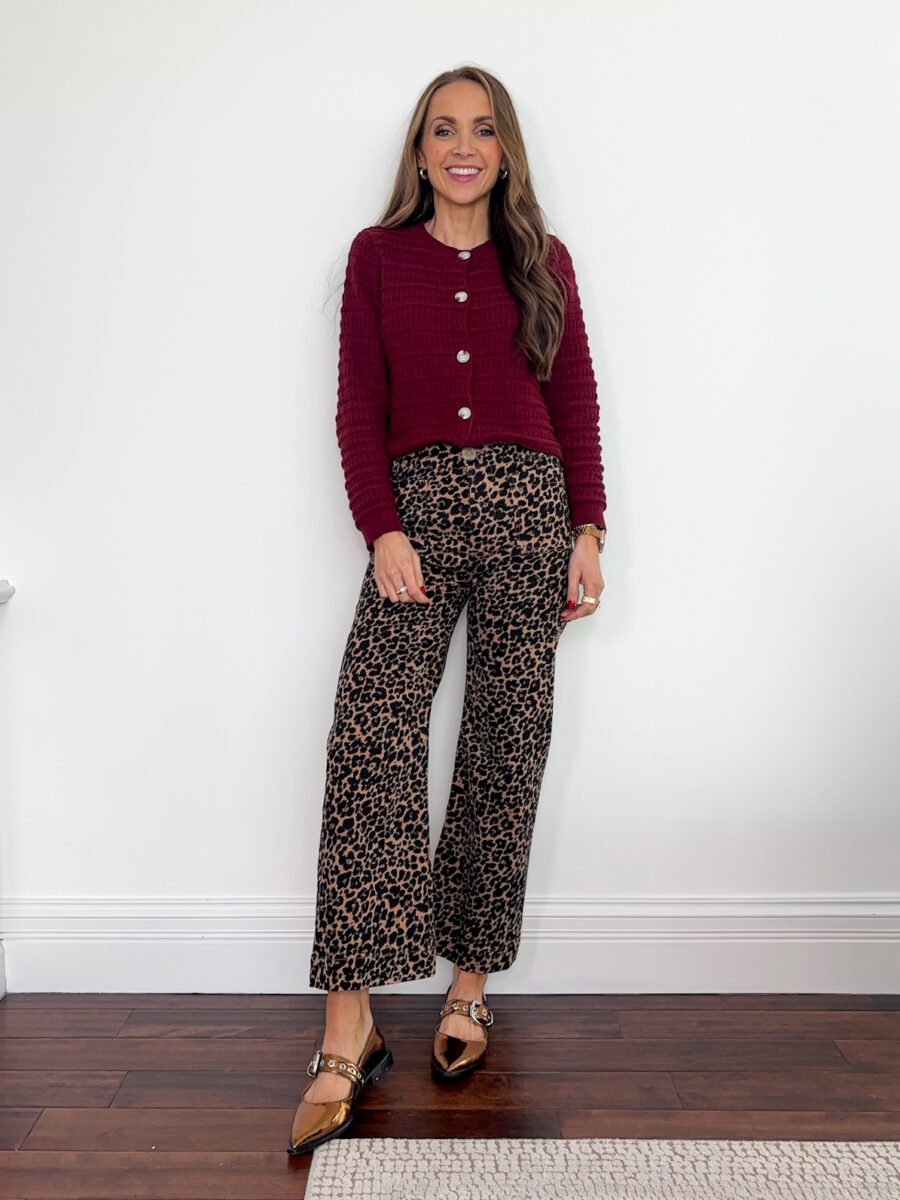 what to wear with the color burgundy - Amazon burgundy cardigan, anthro leopard colette pants, anthropologie copper buckle flats