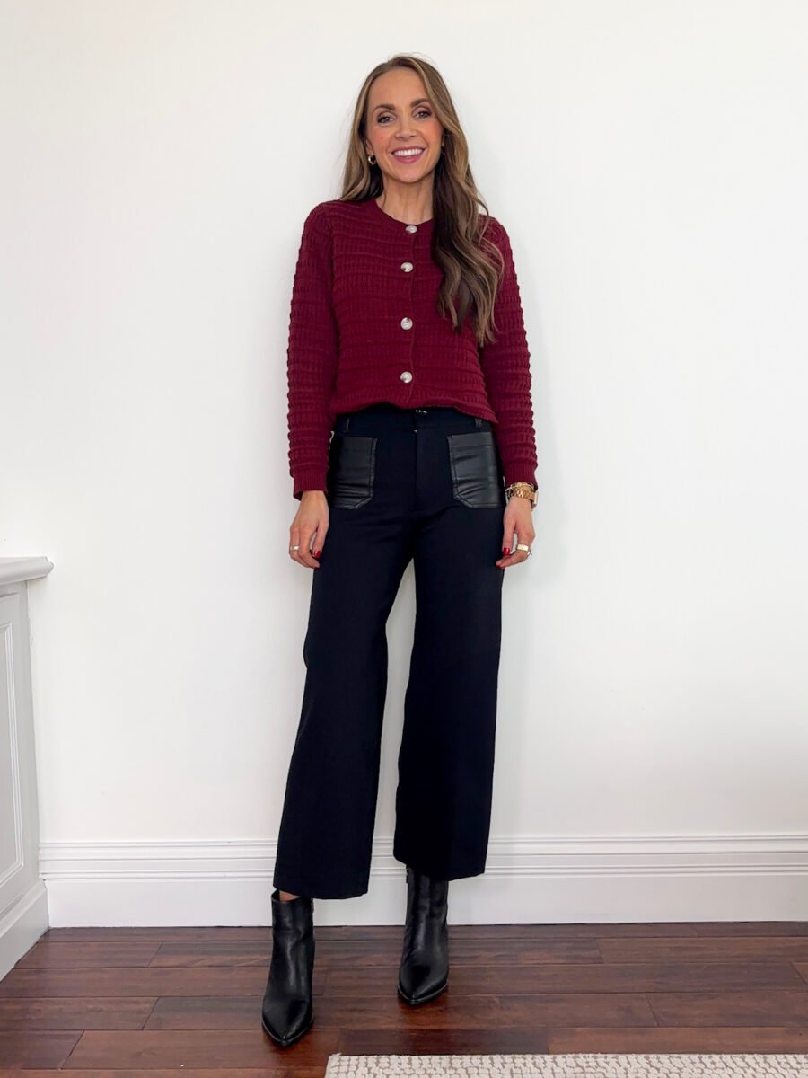 what to wear with the color burgundy - Amazon burgundy cardigan, merrick's ponte collete pants with faux leather pockets, black leather booties