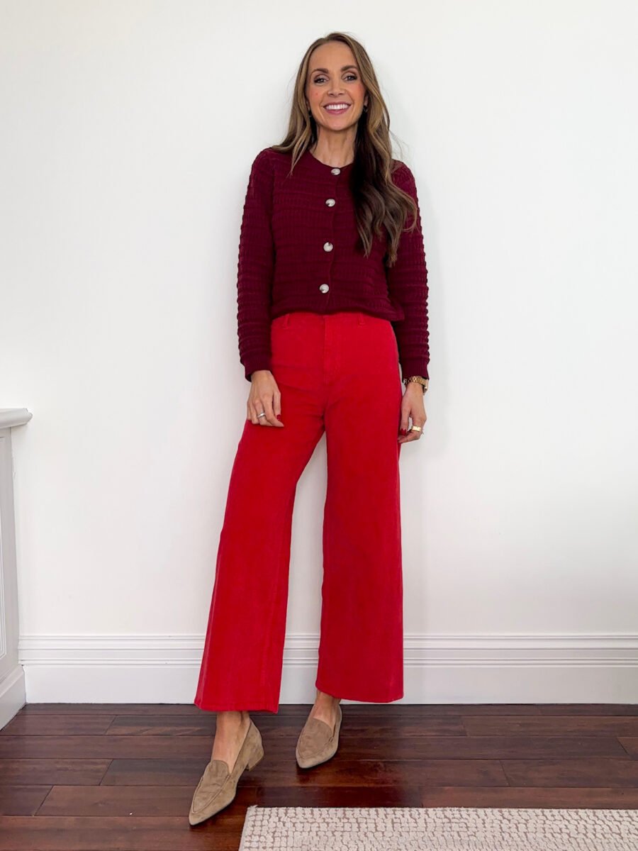 what to wear with the color burgundy - Amazon burgundy cardigan, target corduroy sailor pants, tan suede pointed loafers