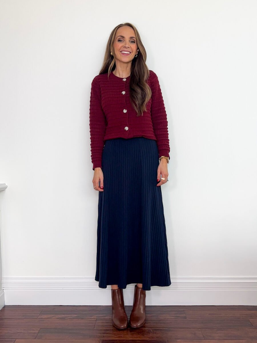 What to wear with the color burgundy - Amazon burgundy cardigan, old navy navy sweater skirt, tan leather booties