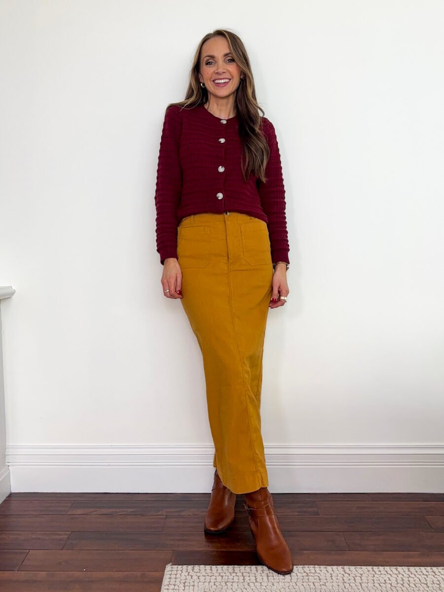 what to wear with the color burgundy - Amazon burgundy cardigan, colette long mustard skirt, tan riding boots