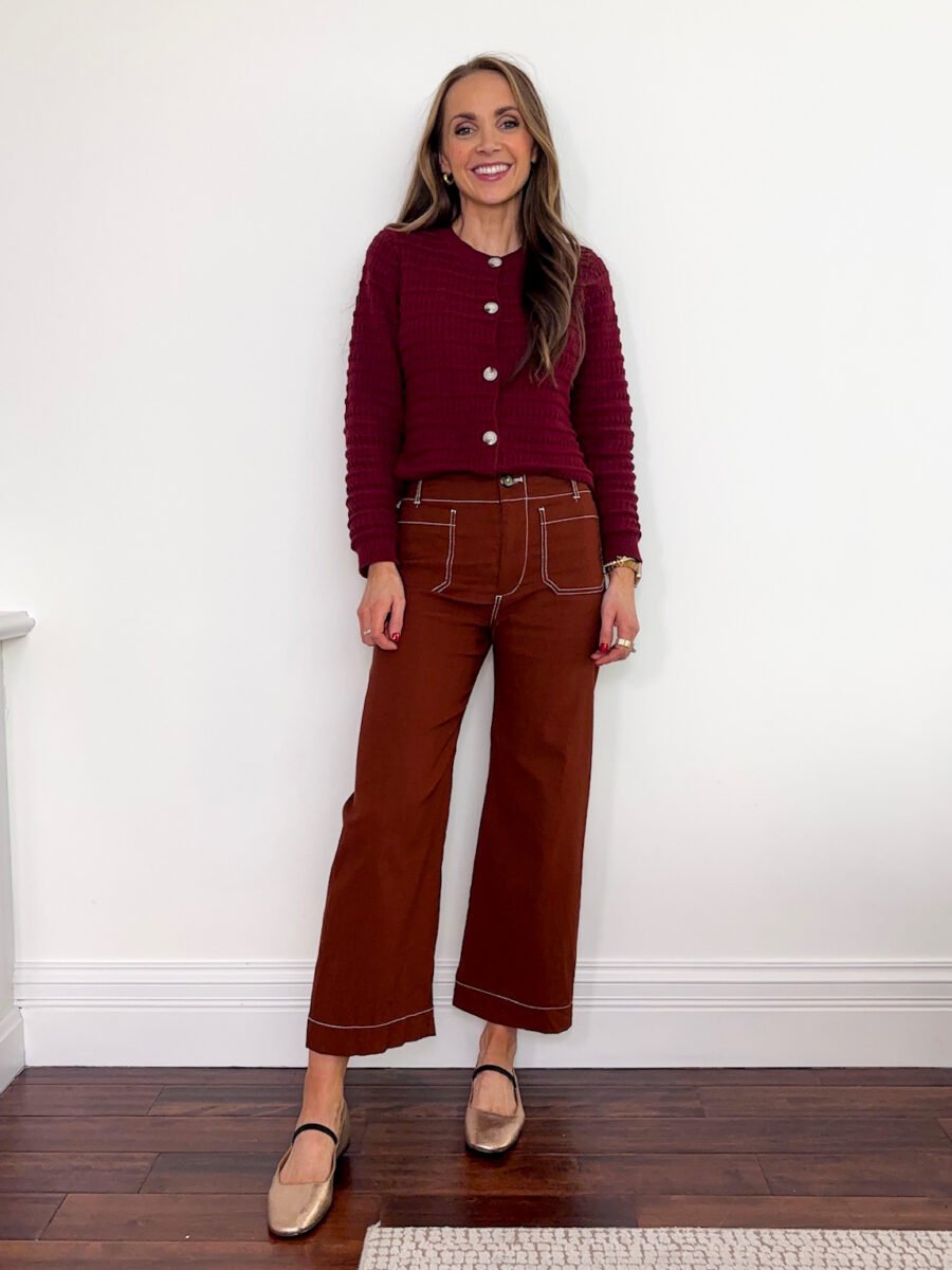 what to wear with the color burgundy - Amazon burgundy cardigan, merrick's colette pants, madewell greta gold flat