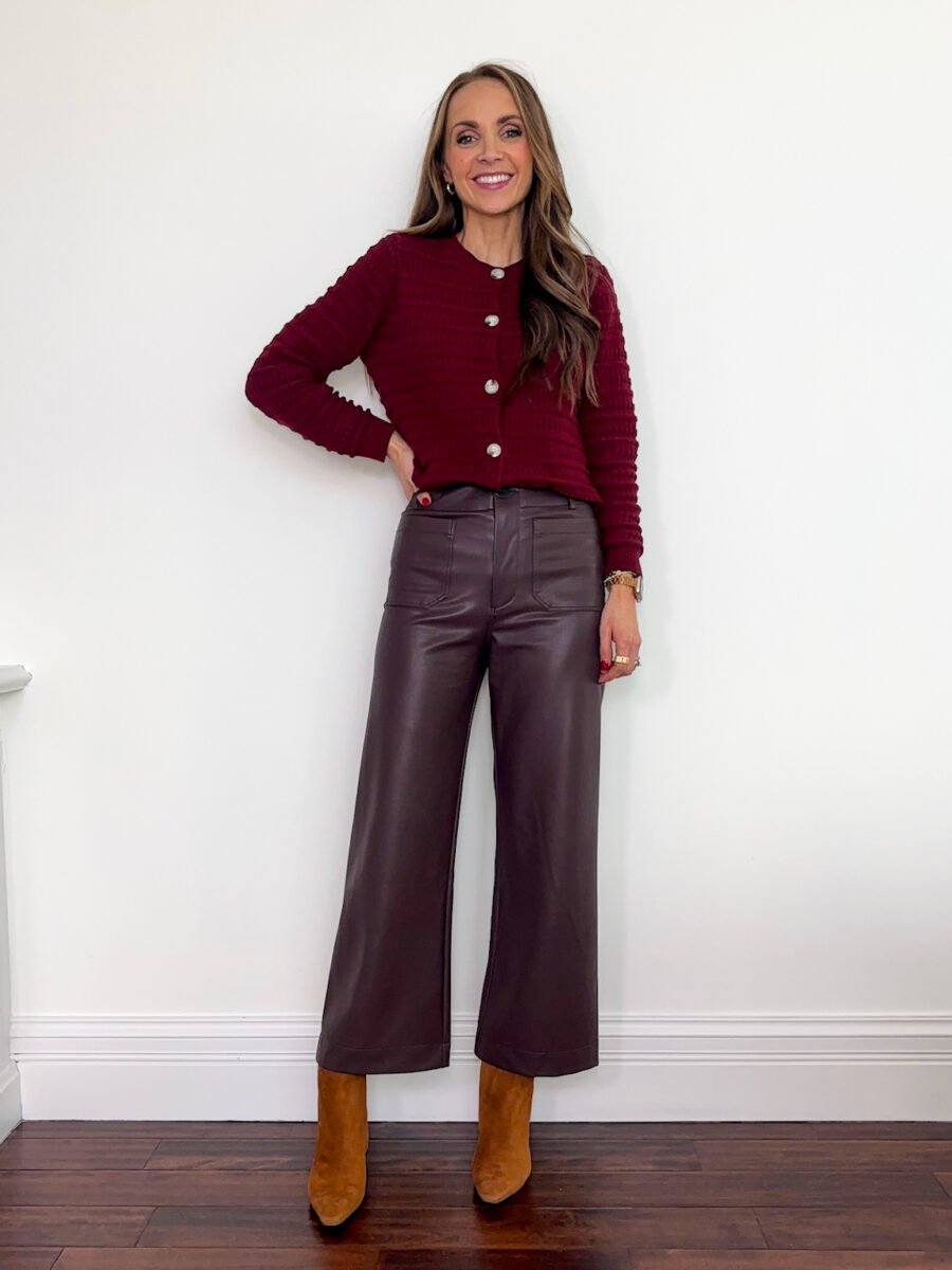 What to wear with the color burgundy - Amazon burgundy cardigan, anthropologie brown faux leather colette pants, sam edelman suede bootie