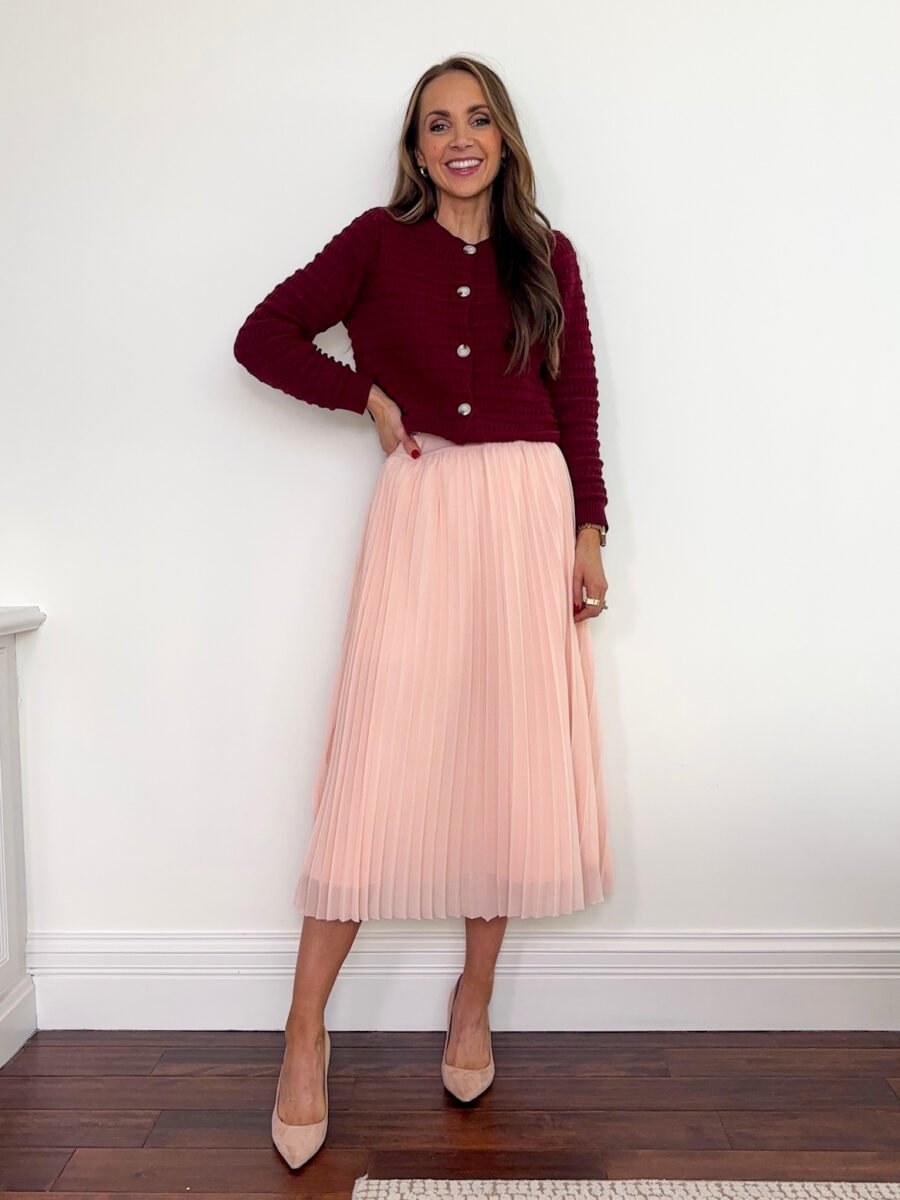 What to wear with the color burgundy - Amazon burgundy cardigan, everlane blush pleated skirt, blush velvet heels
