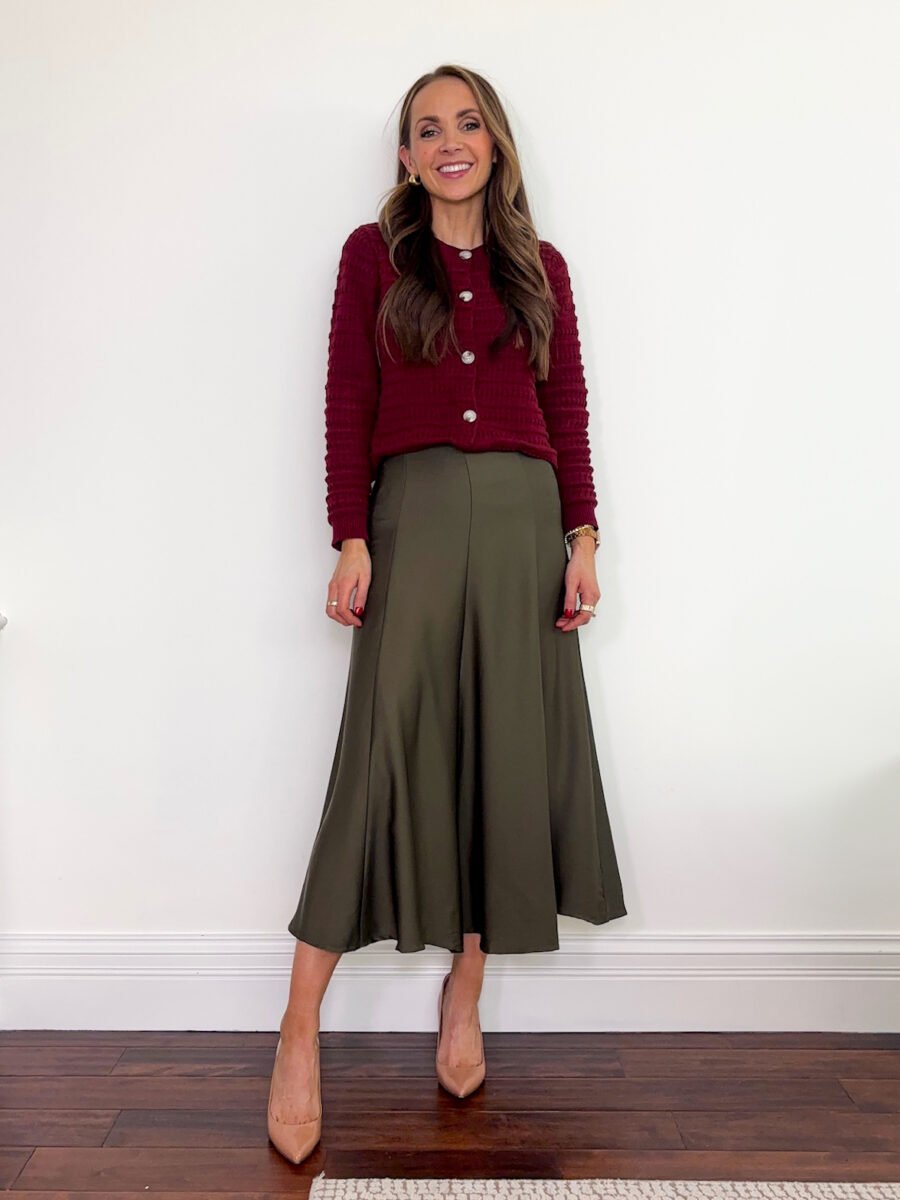 What to wear with the color burgundy - Amazon burgundy cardigan, walmart olive slip skirt, neutral pumps