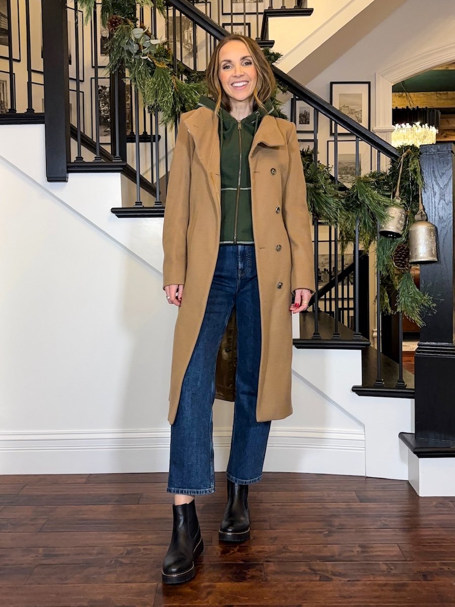 Layering with a hoodie: american giant hoodie with long wool tan coat merricksart
