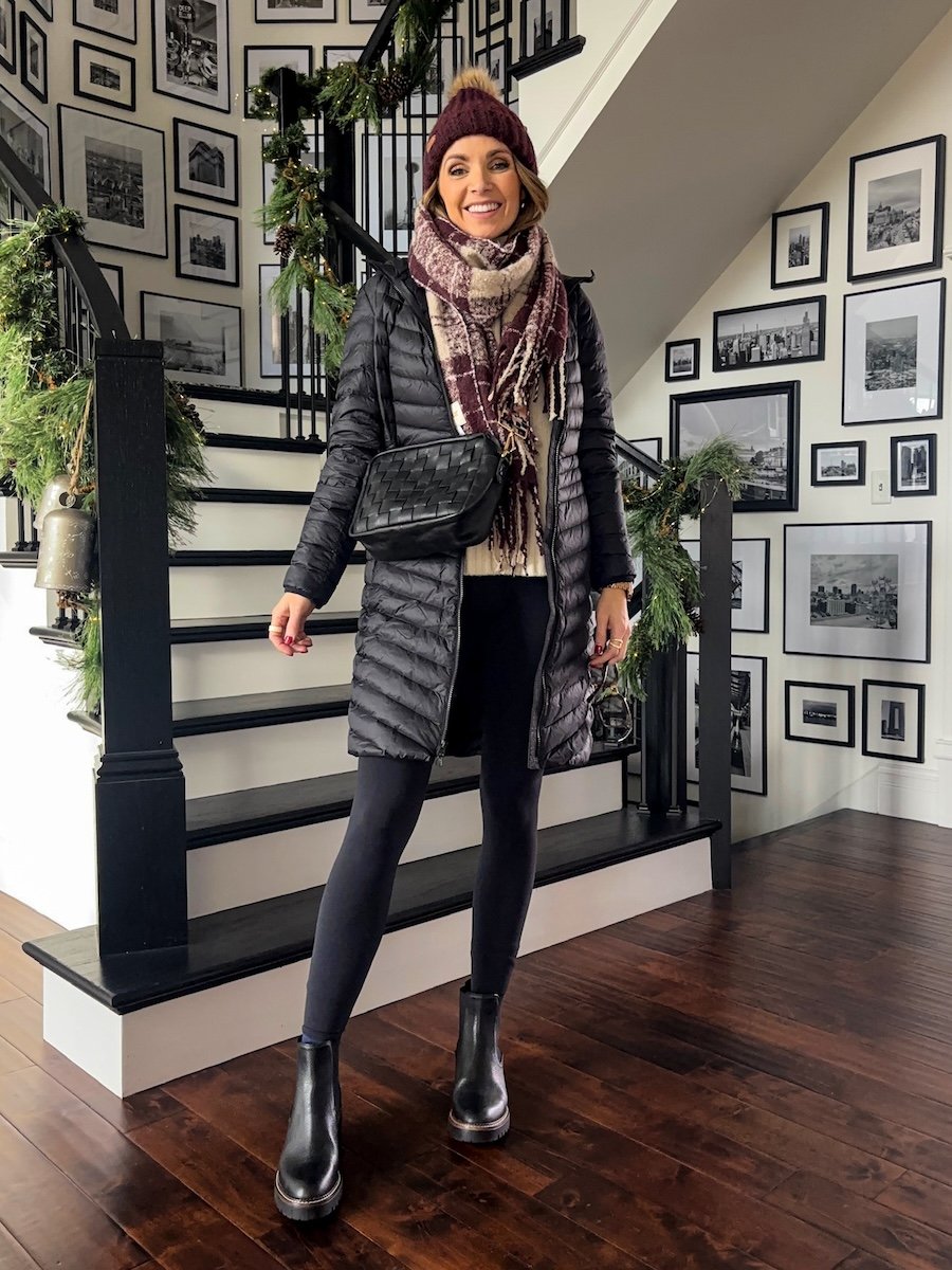 nordstrom lands end puffer coat long with chelsea boots and pom pom hat