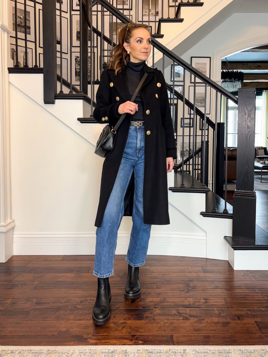 Easy outfit to copy - American giant ribbed turtleneck, everlane way high jeans, chelsea boots, black coat, gucci bag