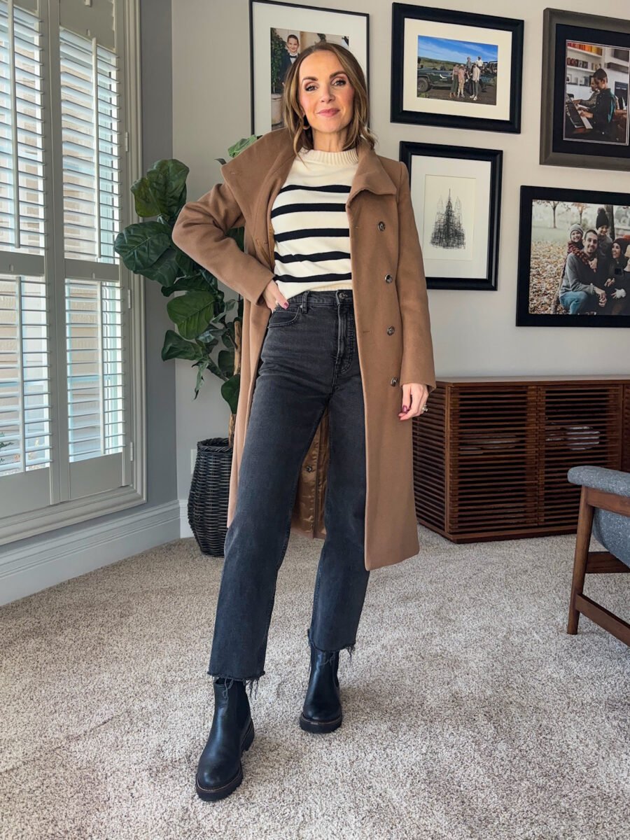 Winter wardrobe essentials - a good coat - Aritzia coat, target stripe sweater, everlane way high jeans, chelsea boots
