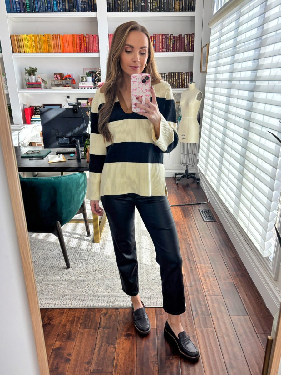outfit of the day - Cropped coated jeans, Target striped polo pullover, madewell lugsole loafers