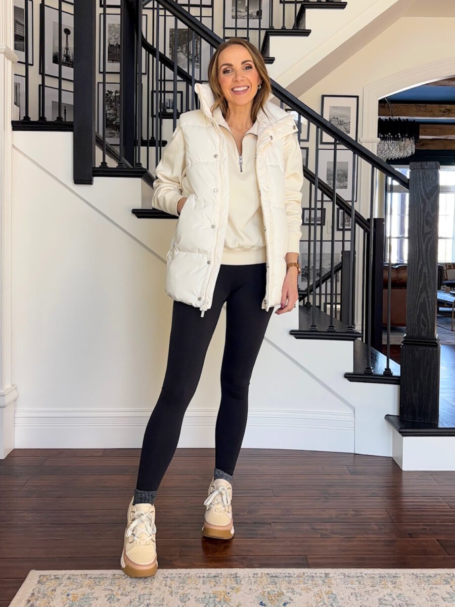 How to wear the Sorel ONA waterproof Chukka boots - Black leggings, universal thread half zip pullover, target puffer vest, amazon socks, sorel boots