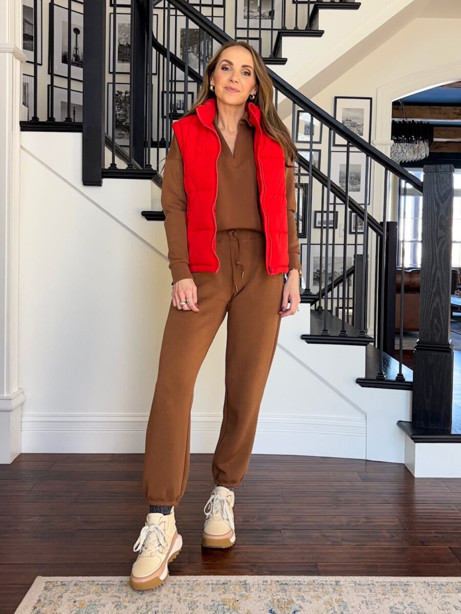 How to wear Sorel ONA Waterproof Chukka Boot - Spanx tan joggers and top, red puffer vest, sorel boots
