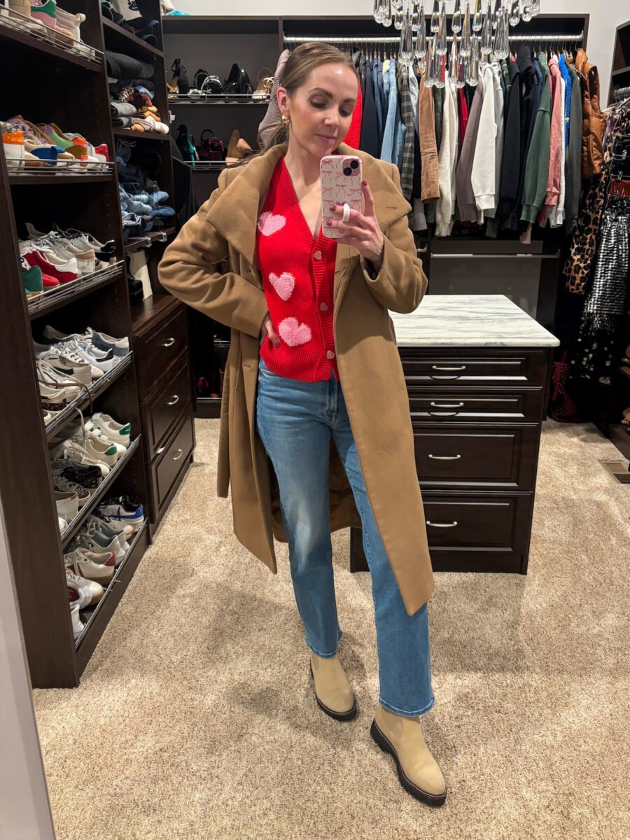 Outfit of the Day - Mother jeans, target heart cardigan sweater, tan chelsea boots, aritzia coat