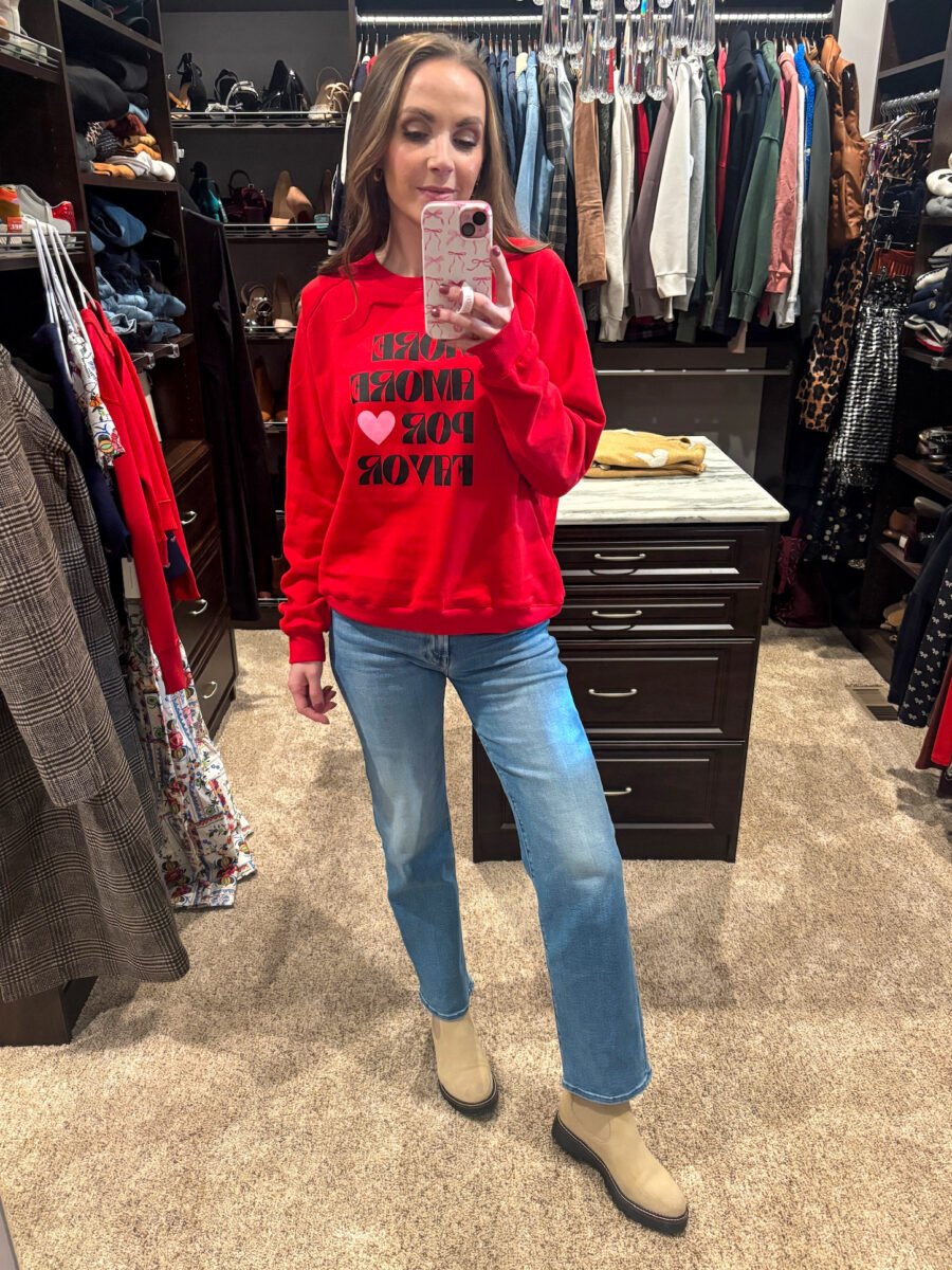 Winter Outfits from Anthropologie - Anthropologie valentines sweatshirt, mother jeans, tan chelsea boots