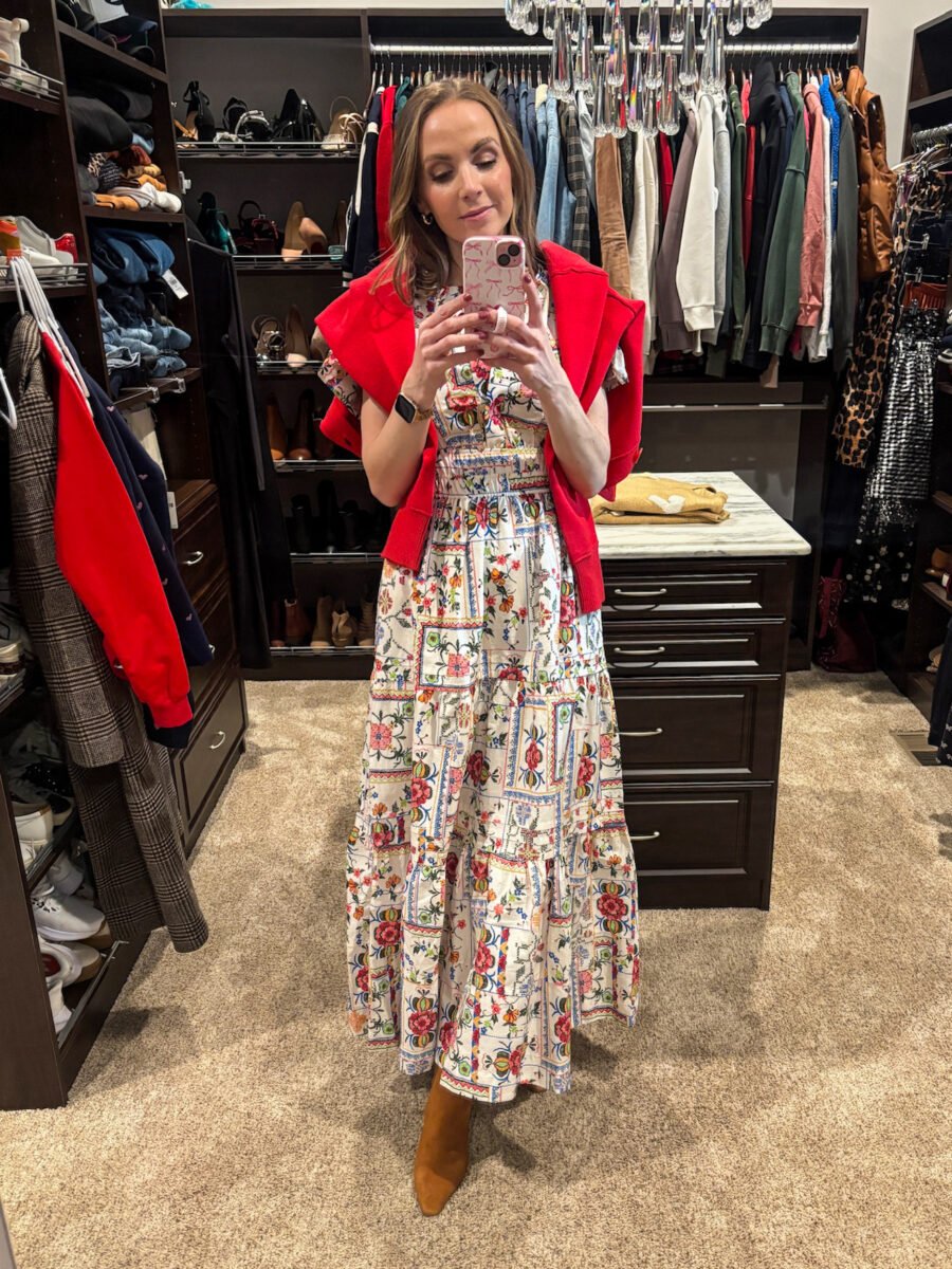 Winter Outfits from Anthropologie - Somerset dress, Anthropologie red cardigan, sam edelman suede booties