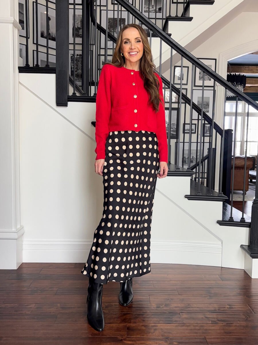 Winter Outfits from Target - TArget red sweater cardigan, target black polka dot skirt, j crew leather boots