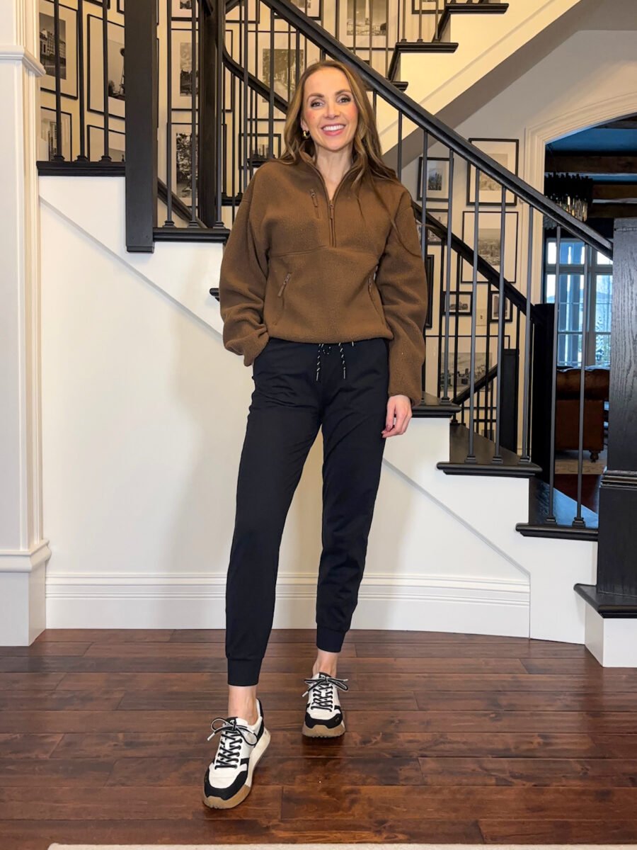 Winter outfits from Nordstrom - BP Fleece pullover, zella live in joggers, sam edelman sneakers