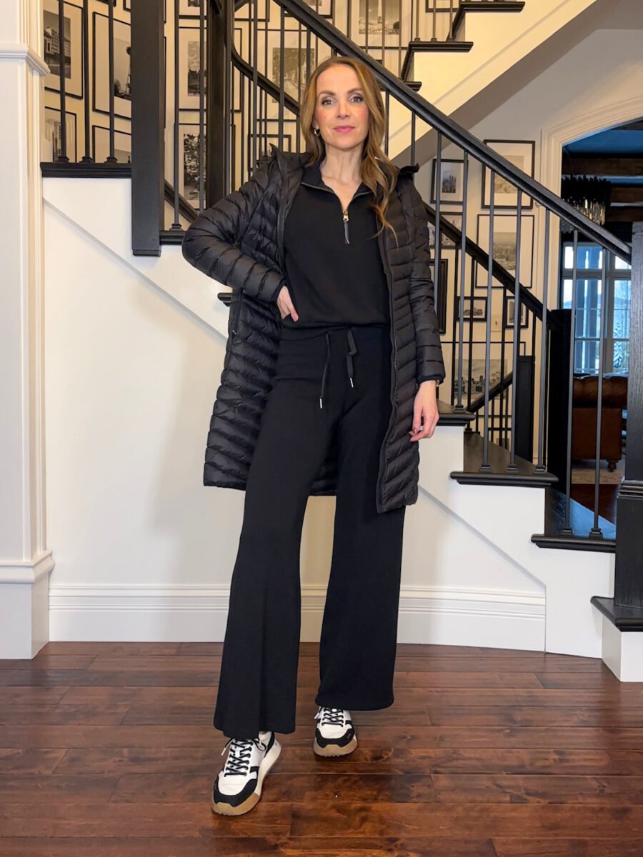 Winter outfits - Spanx Air Essentials set, Eddie Bauer puffer coat, sam edelman sneakers