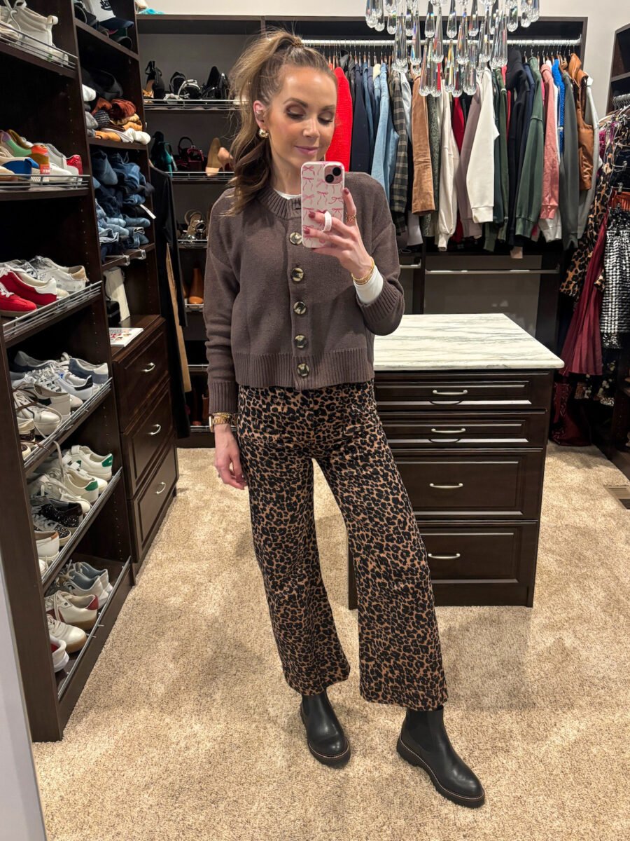 How to wear leopard pants - Anthropologie colette leopard pants, pumiey white tee, quince cardigan, black chelsea boots