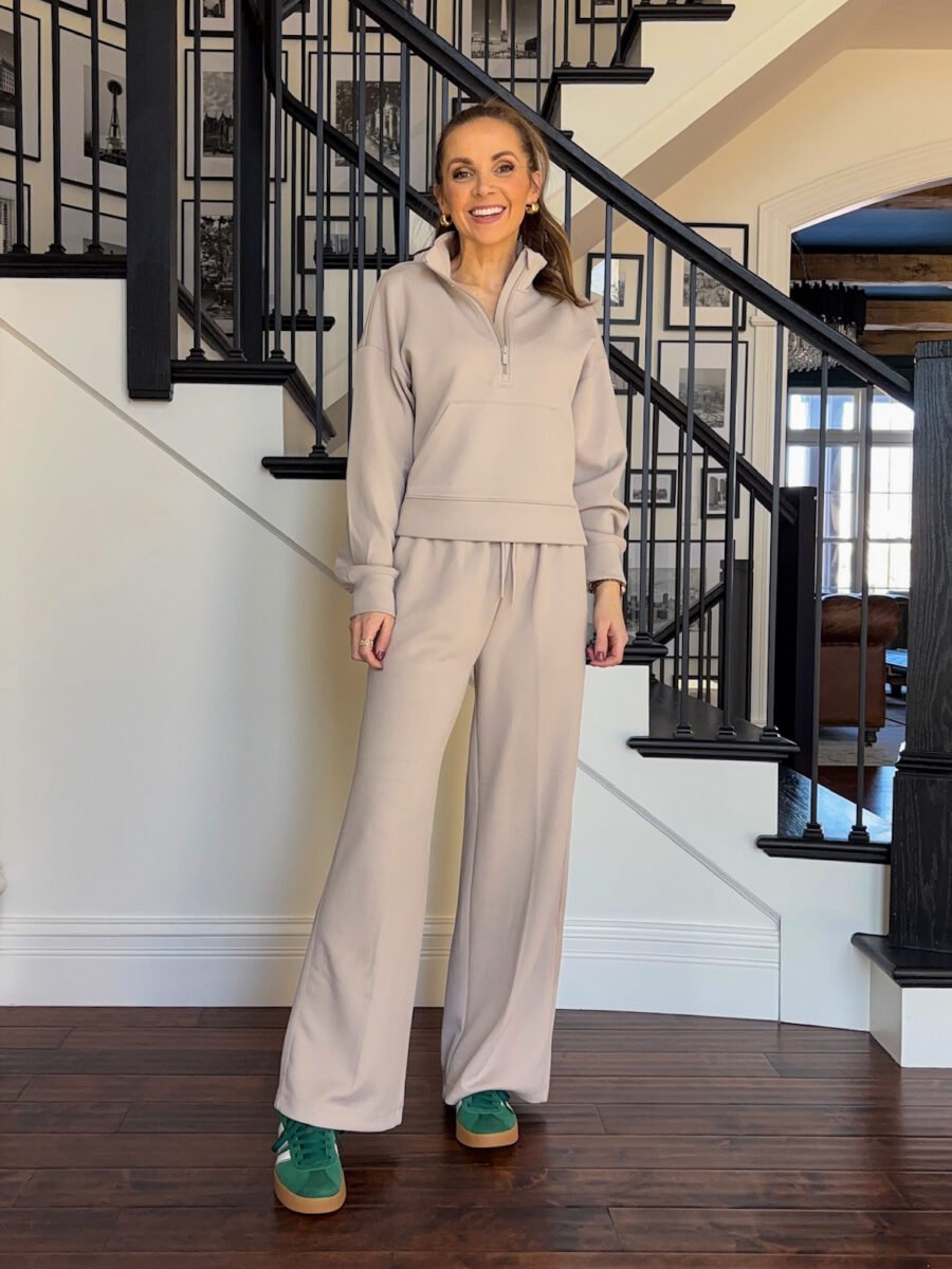 How to wear Target Ribbed set - Target ribbed set, green adidas gazelle sneakers, miranda frye earrings