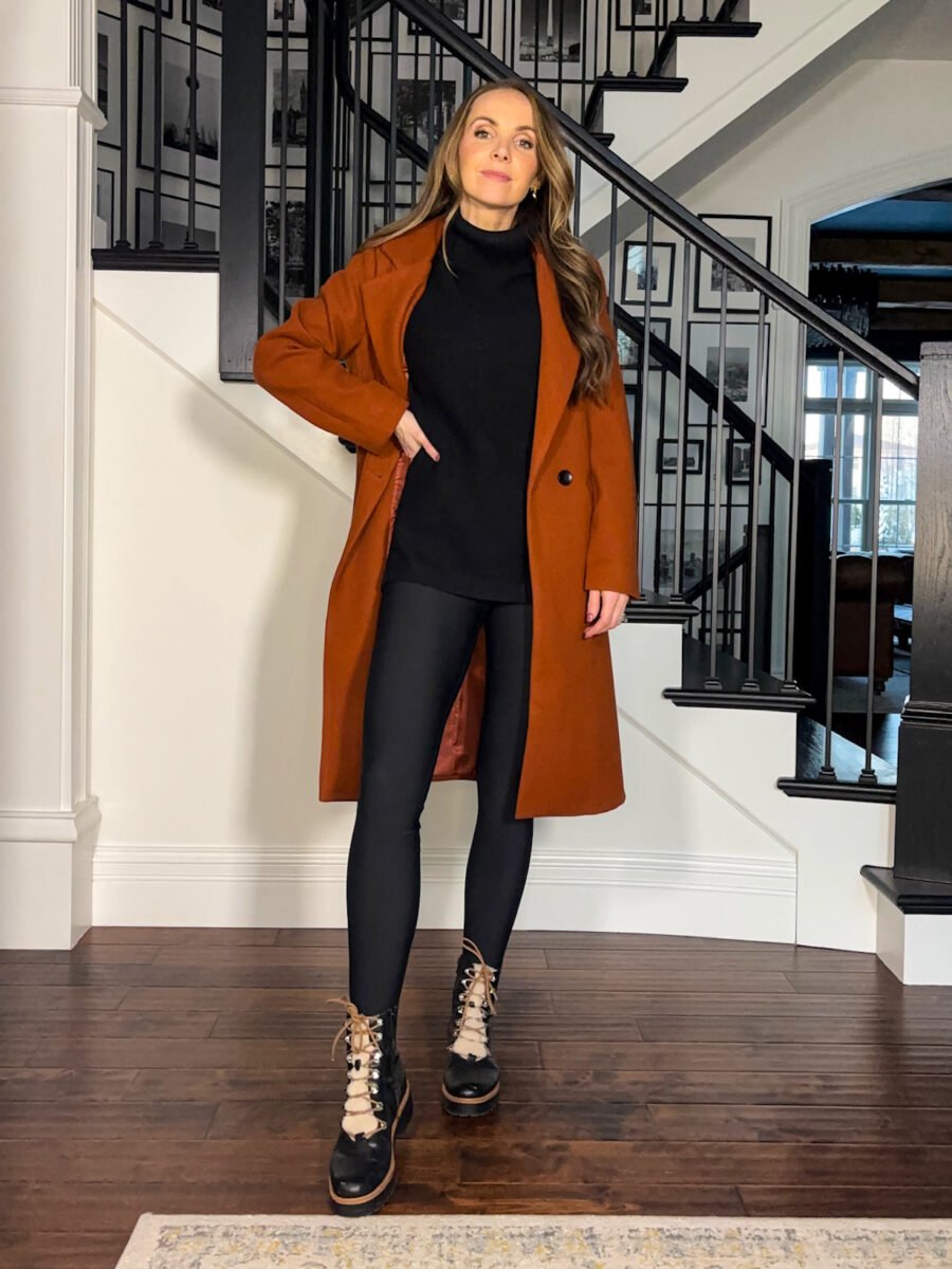 winter outfits from amazon - Amazon long wool coat, amazon black tunic sweater, amazon fleece lined leggings, marc fisher sherpa lined boots