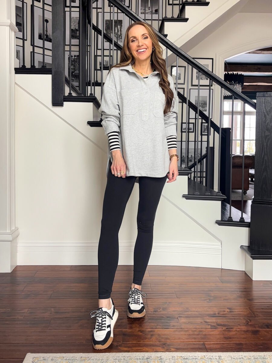 ways to style aerie pullover - stripe tee, aerie polo pullover, amazon fleece lined leggings, sam edelman sneakers