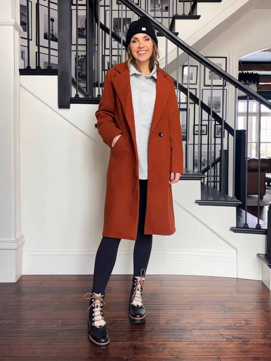 ways to wear Aerie pullover - aerie polo pullover, amazon fleece lined leggings, amazon long wool coat, marc fisher sherpa lined boots