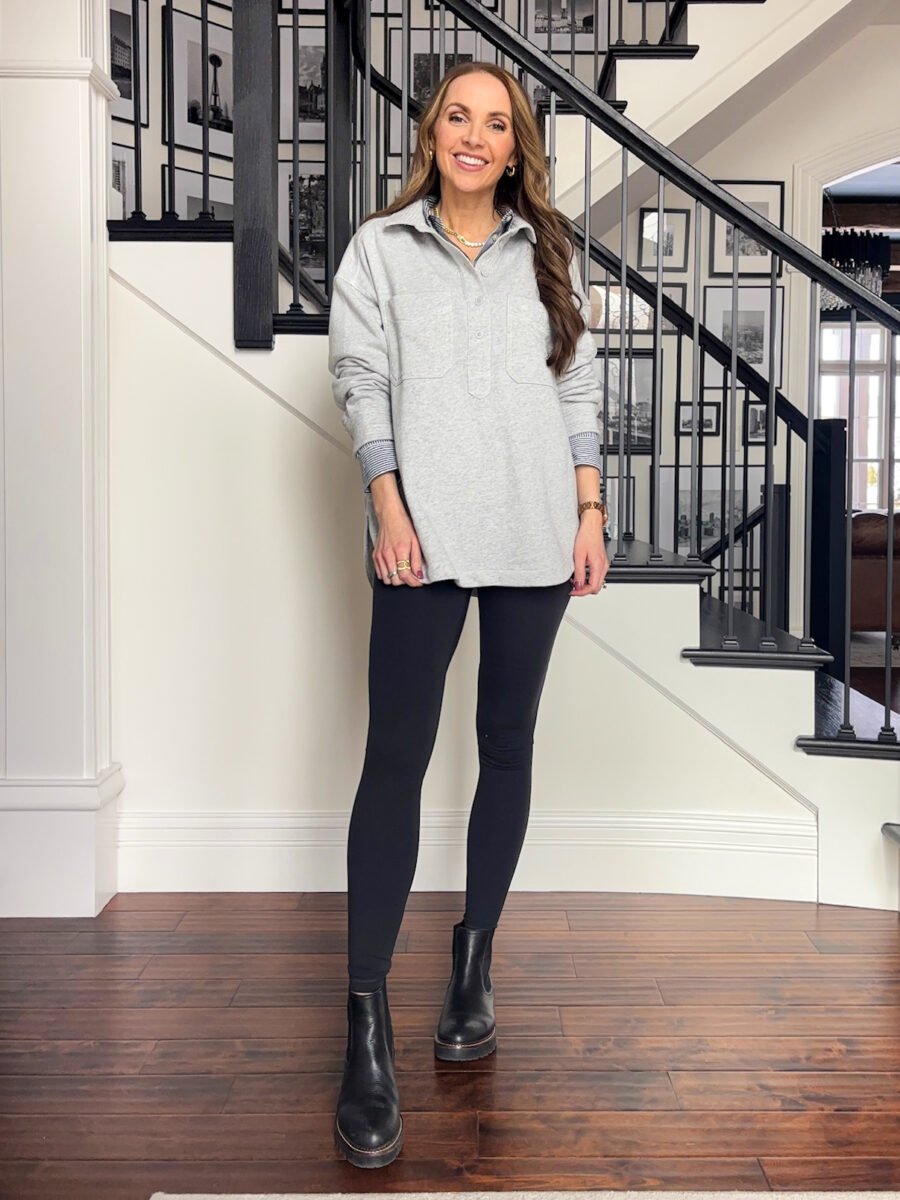 4 ways to style Aerie pullover - Aerie polo pullover, j crew factory stripe shirt, black live in leggings, chelsea boots