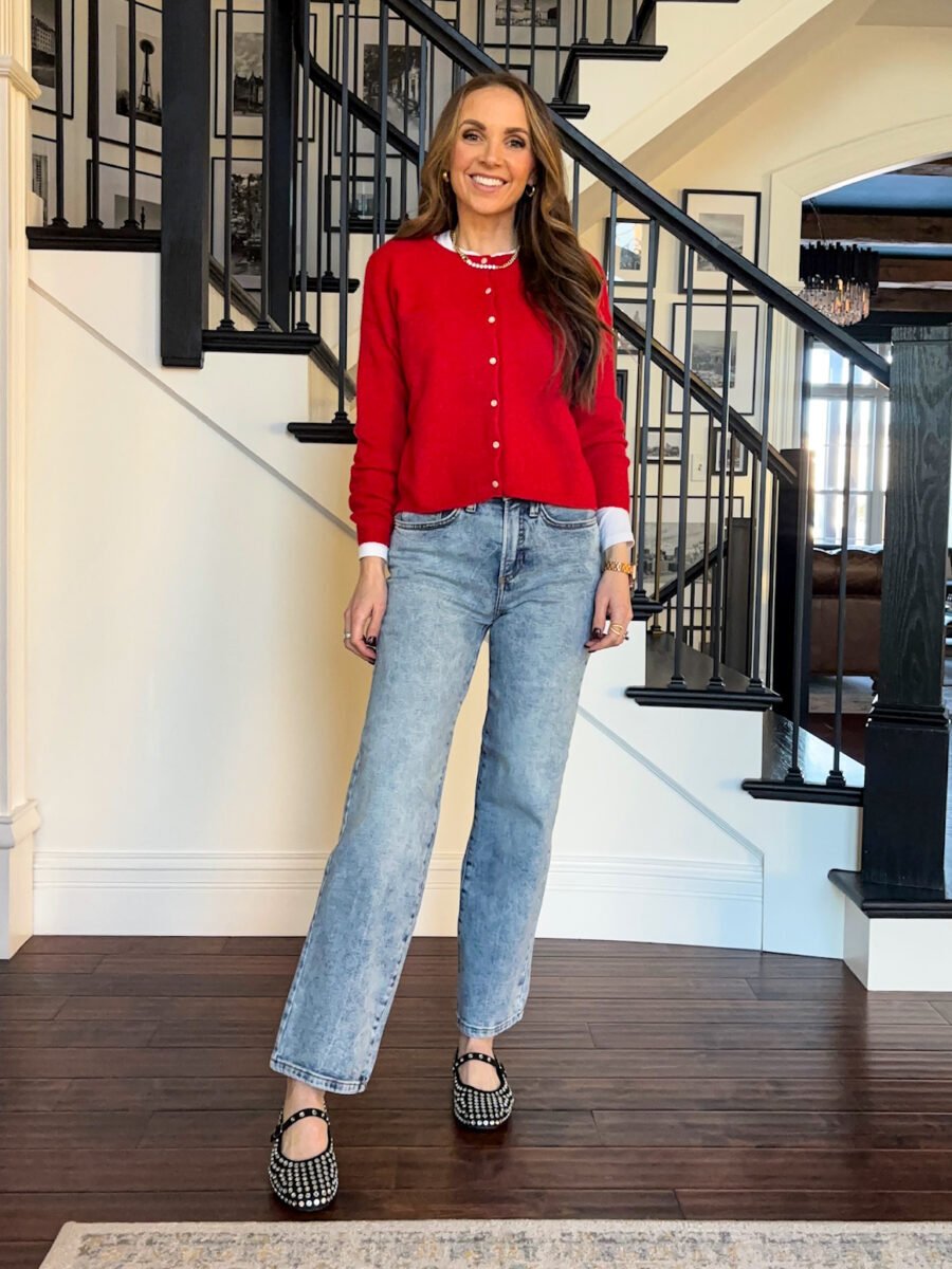 Winter Outfits from Kohls - Lauren conrad straight leg jeans, target jewel flats, kohl's red cardigan