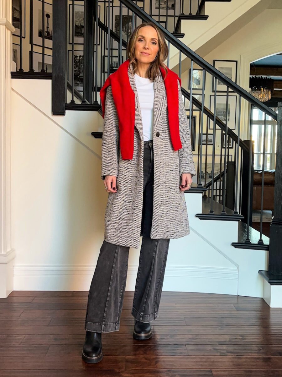 Winter Outfits from Kohls - Nine west herringbone coat, lauren conrad patch pocket jeans, red cardigan from kohls, chelsea boots
