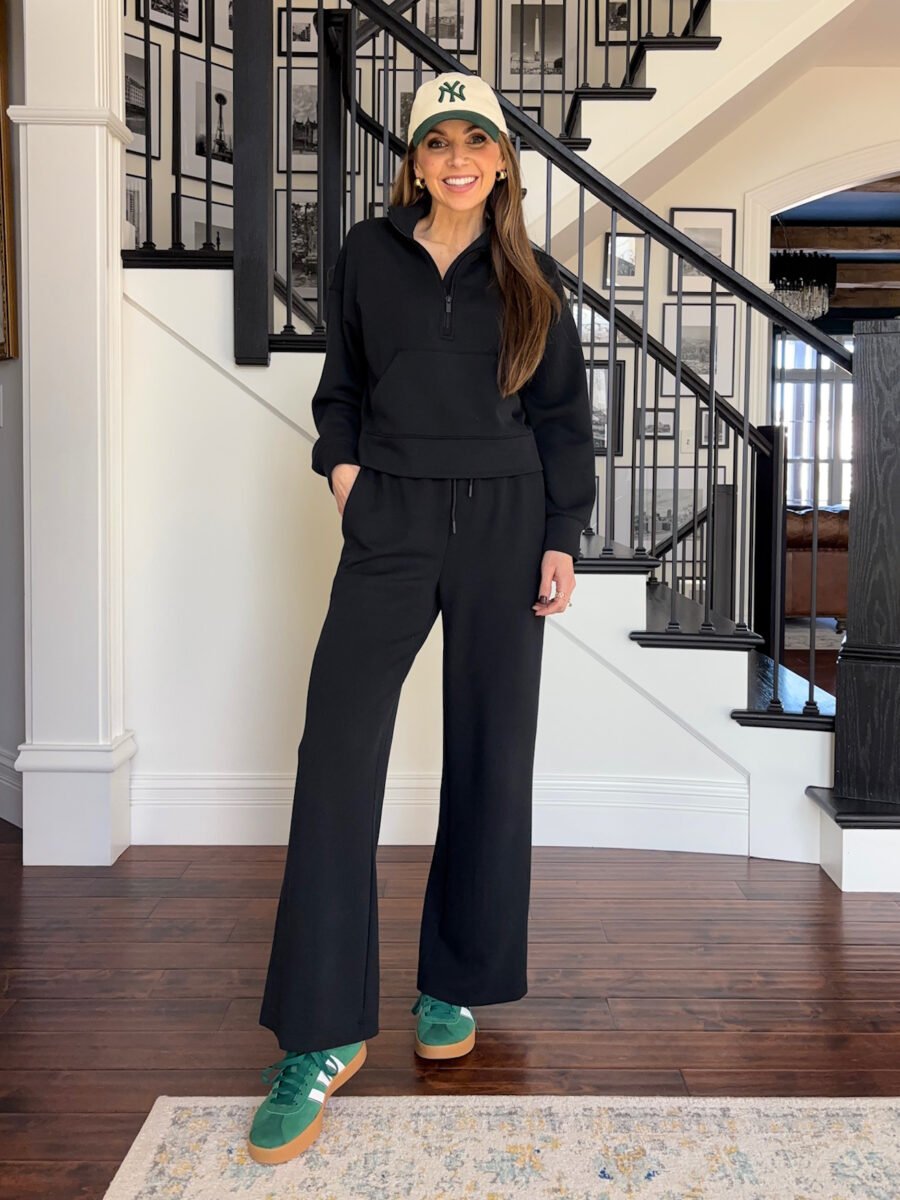 How to wear colorful sneakers - Target ribbed set, adidas green sneakers, aritzia baseball hat