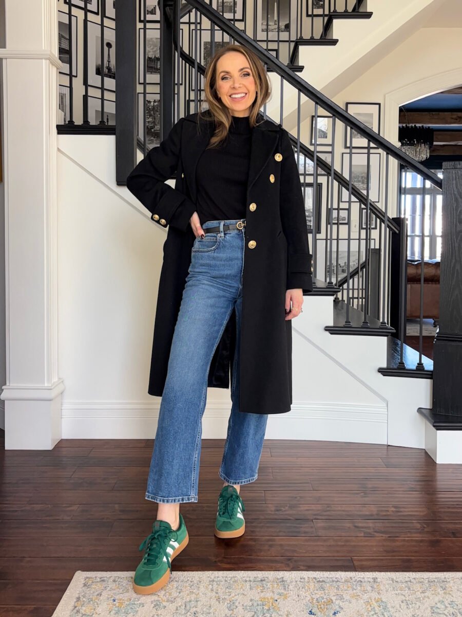 How to style Bright colored shoes - black turtleneck sweater, everlane way high jeans, ralph lauren long wool coat, green adidas sneakers