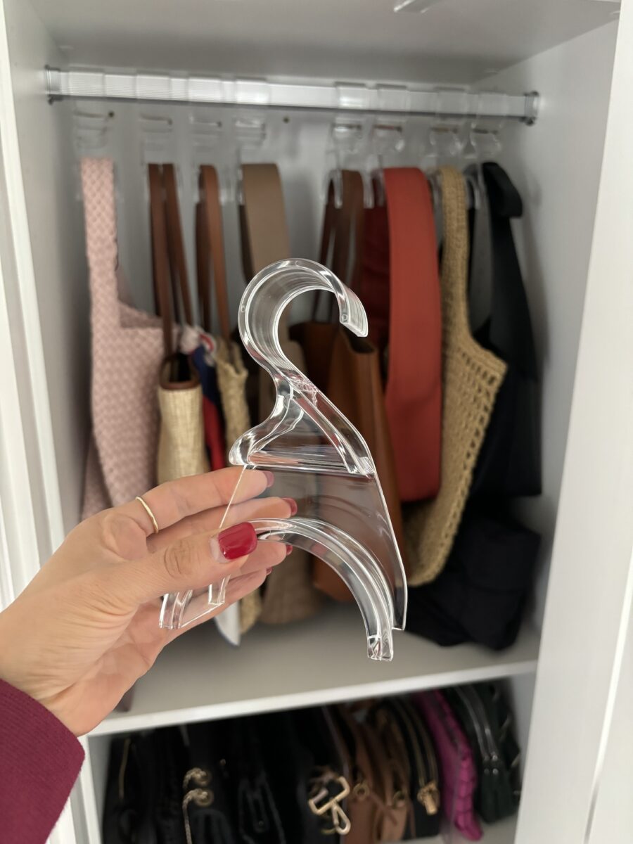 purse closet with amazon organization items, purse hangers and dividers