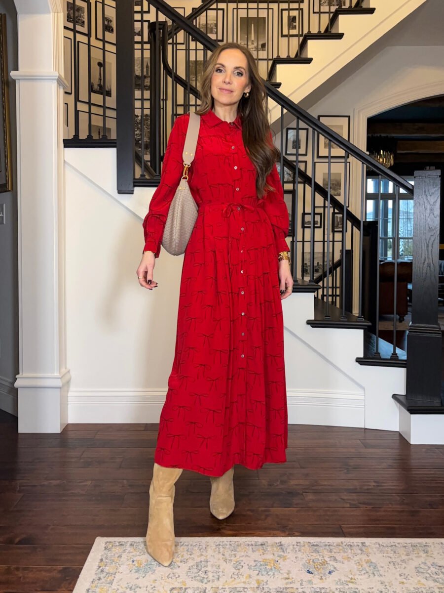 J crew red dress with bows, suede boots, quince bag