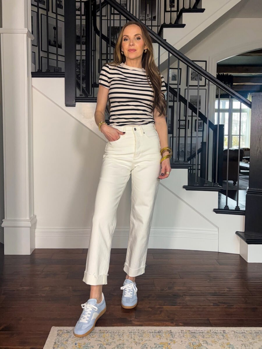 target white Jeans, target ribbed SS Stripe shirt, target blue sneakers