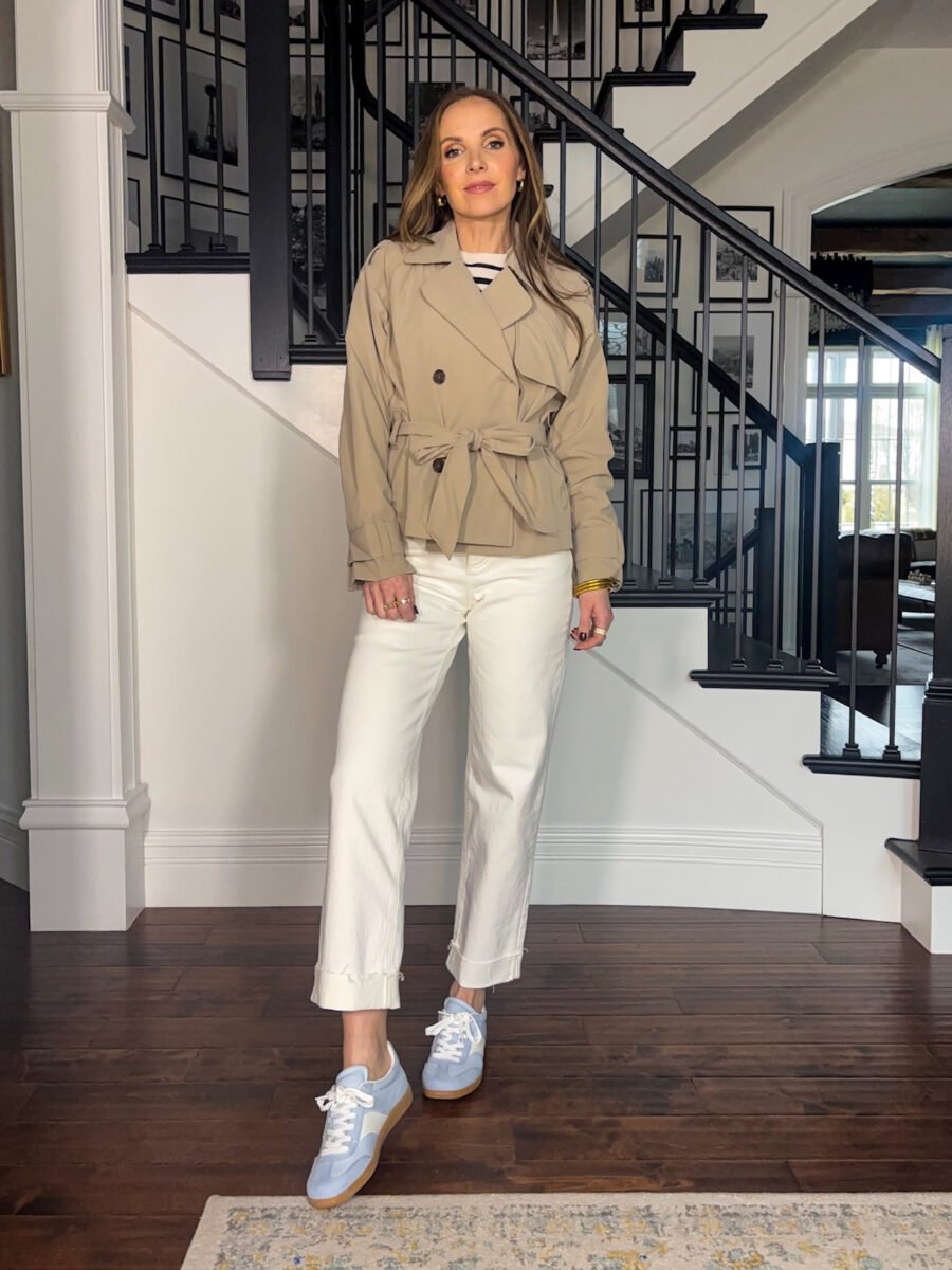 target white Jeans, target ribbed SS Stripe shirt, target blue sneakers, target cropped trench coat