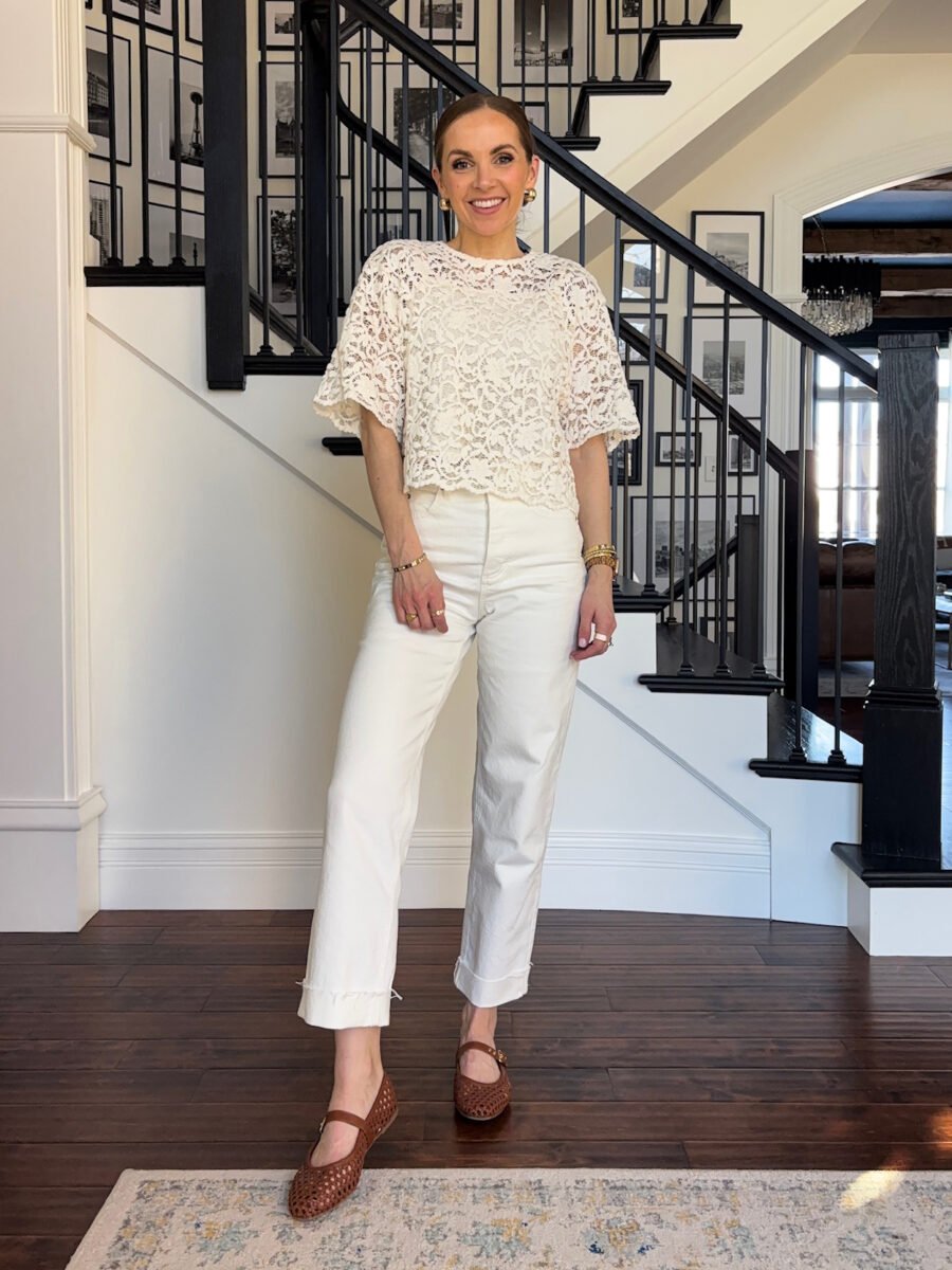 target lace top, target white jeans, target woven flats