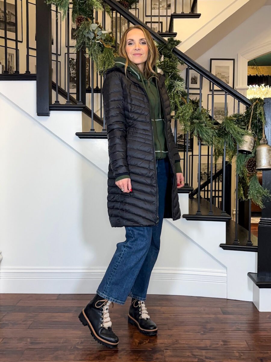 Outfits with Shearling Boots - Everlane way high jeans, american giant hoodie, lands end puffer coat