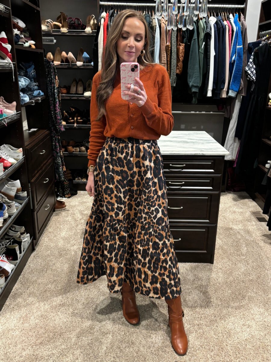 leopard skirt, rust cardigan, riding boots