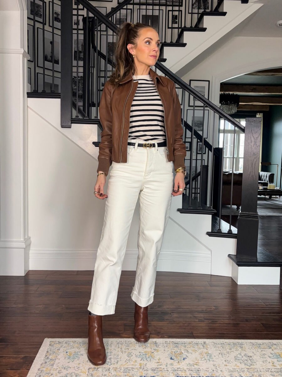 How to wear a bomber jacket - quince leather bomber jacket, target white jeans, target tee, edited Mini belt