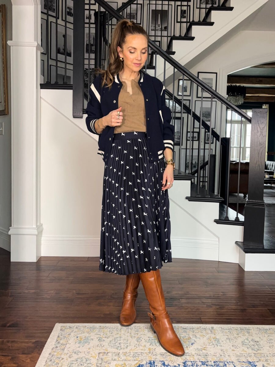 How to style a bomber jacket - avara navy bomber jacket, quince collared sweater, Walmart skirt, riding boots