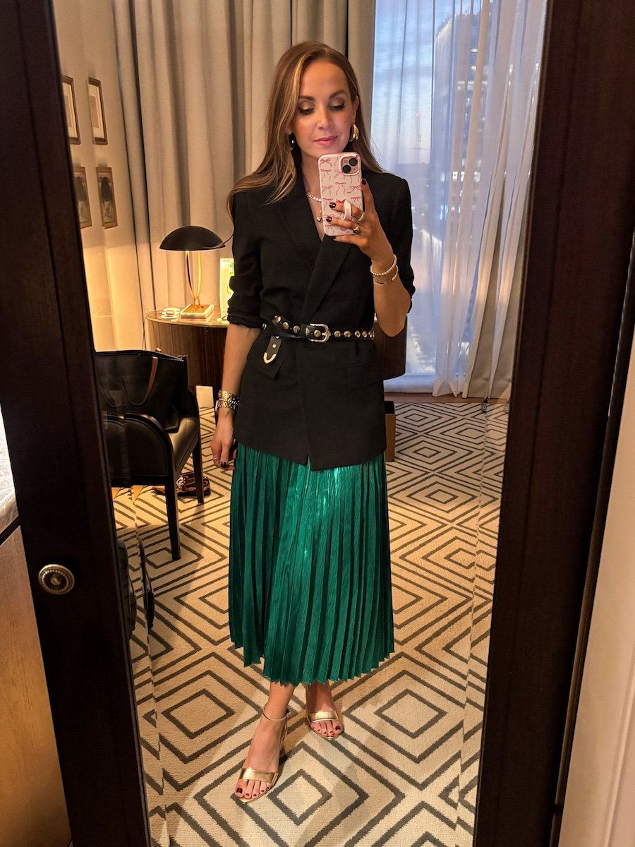 belted blazer with pleated skirt