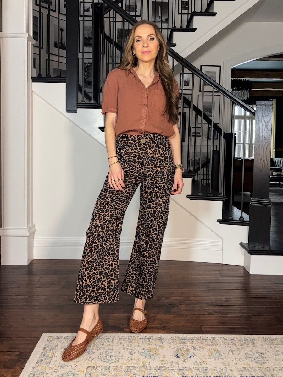 leopard pants with anthropologie linen top