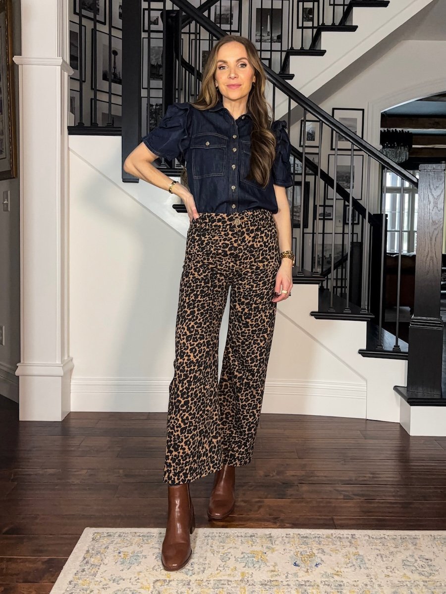 leopard pants with chambray top