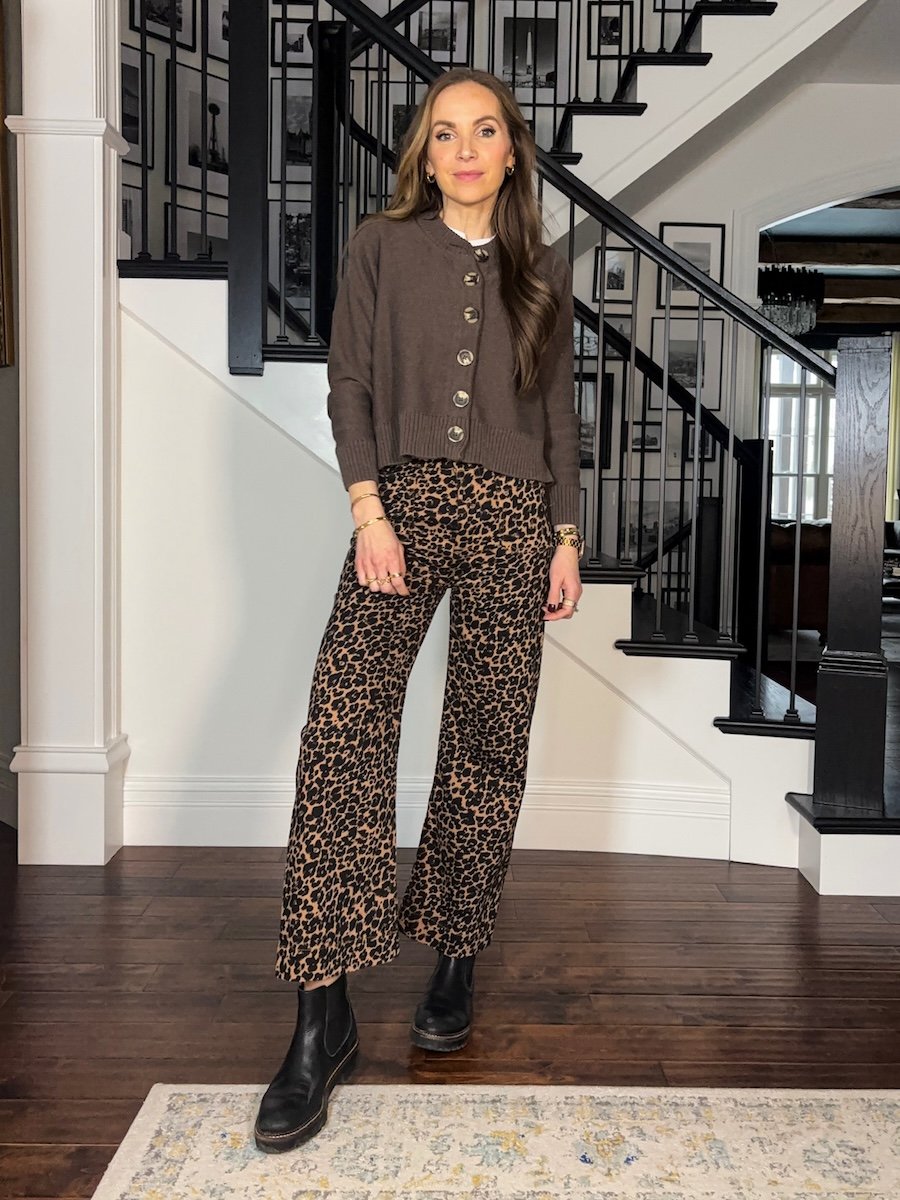 leopard pants with quince cardigan sweater